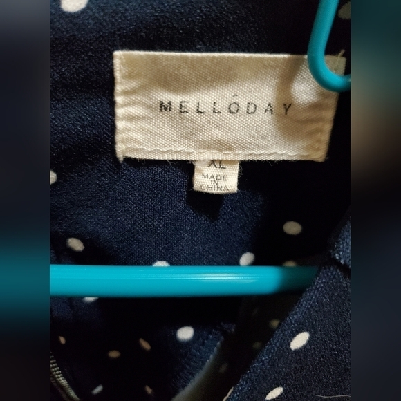 Navy Blue White Pokadot Dressy Zip Up Shirt - Picture 2 of 16